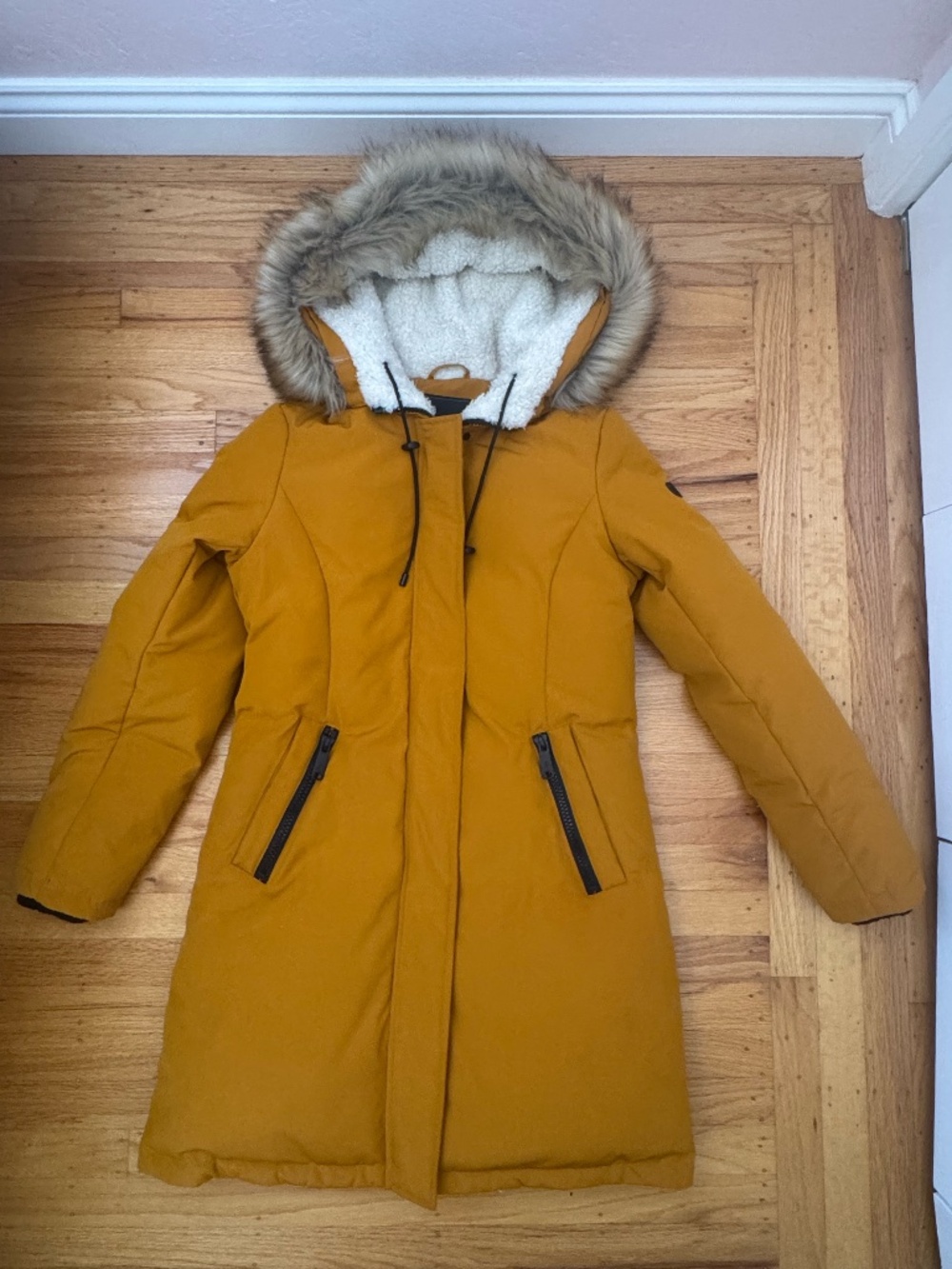 Sam Edelman Mustard Yellow Faux Fur Trim Hooded Parka Coat Size Small